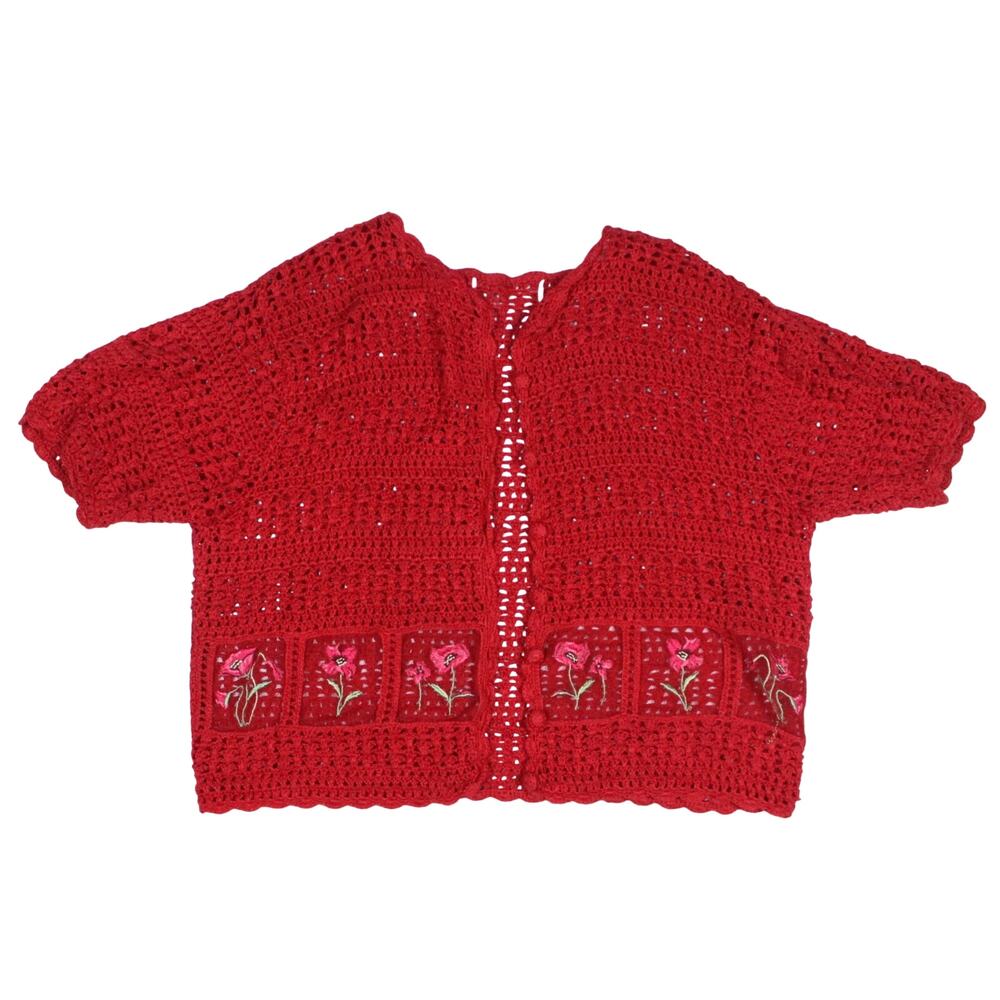 Vintage Teddi Cardigan Sweater Womens Red Embroidered Floral Crochet Cottage S